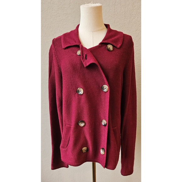 Susan Bristol Merino Wool Burgundy Double Button Cardigan Sweater Pockets Large - Picture 1 of 7